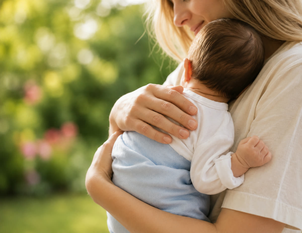 Mother embracing her baby outdoors