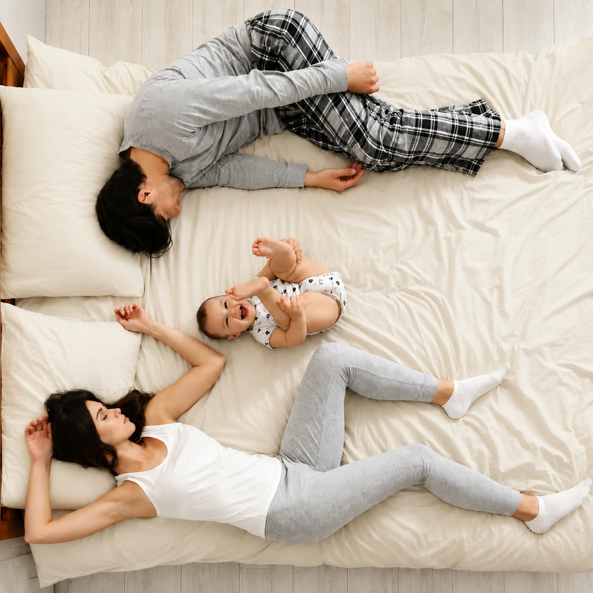 Family relaxing together in bed with their baby