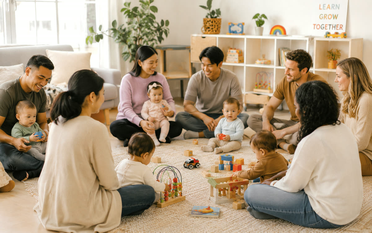 Parents and babies sitting in a circle together during a NeuroNest class
