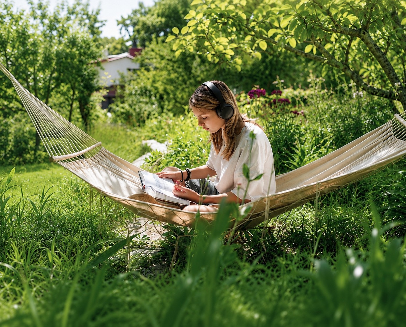 A teenager reading in a garden hammock, wearing headphones